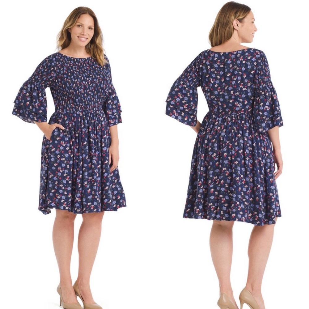 eShakti Bell Sleeve Blue Floral Dress Size 18W